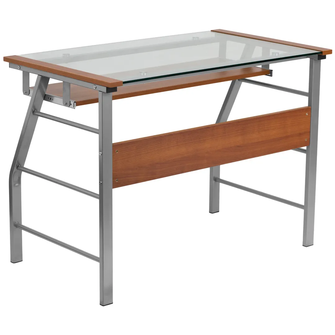 Flash Furniture NAN-JN-2940-GG Computer Desk, 39-3/8W x 23-1/2D x 29-1/2H, Cherry Laminate, Clear Glass Top, Sliding Keyboard Tray