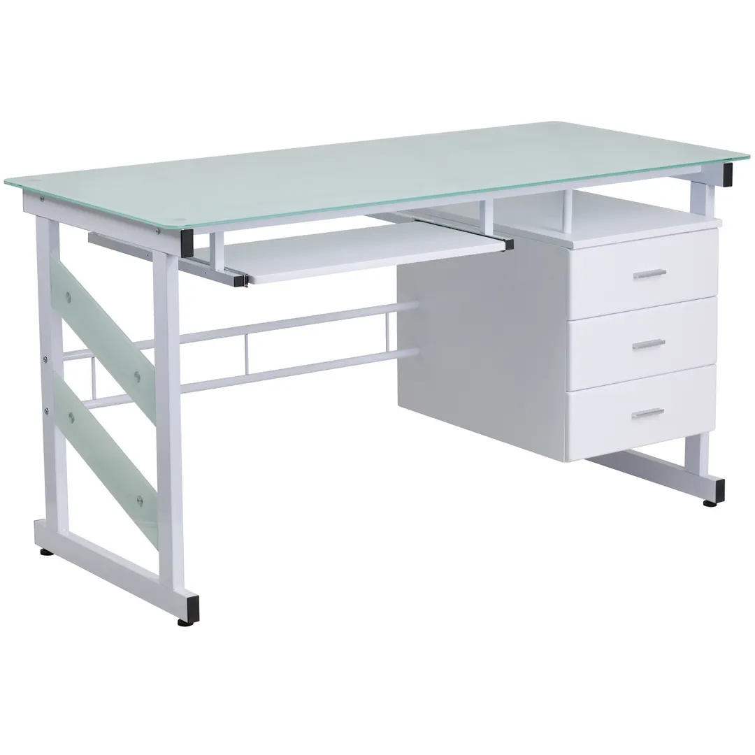 Flash Furniture NAN-WK-017-GG Computer Desk, 55"W, Frosted Glass Top, White Metal Frame, Sliding Keyboard Tray