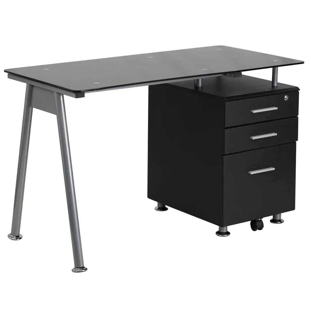 Flash Furniture NAN-WK-021A-GG Mobile Computer Desk, 47.25"W x 23.5"D x 29.5"H, Tempered Glass Top, Silver Powder Coated Metal Frame, Black
