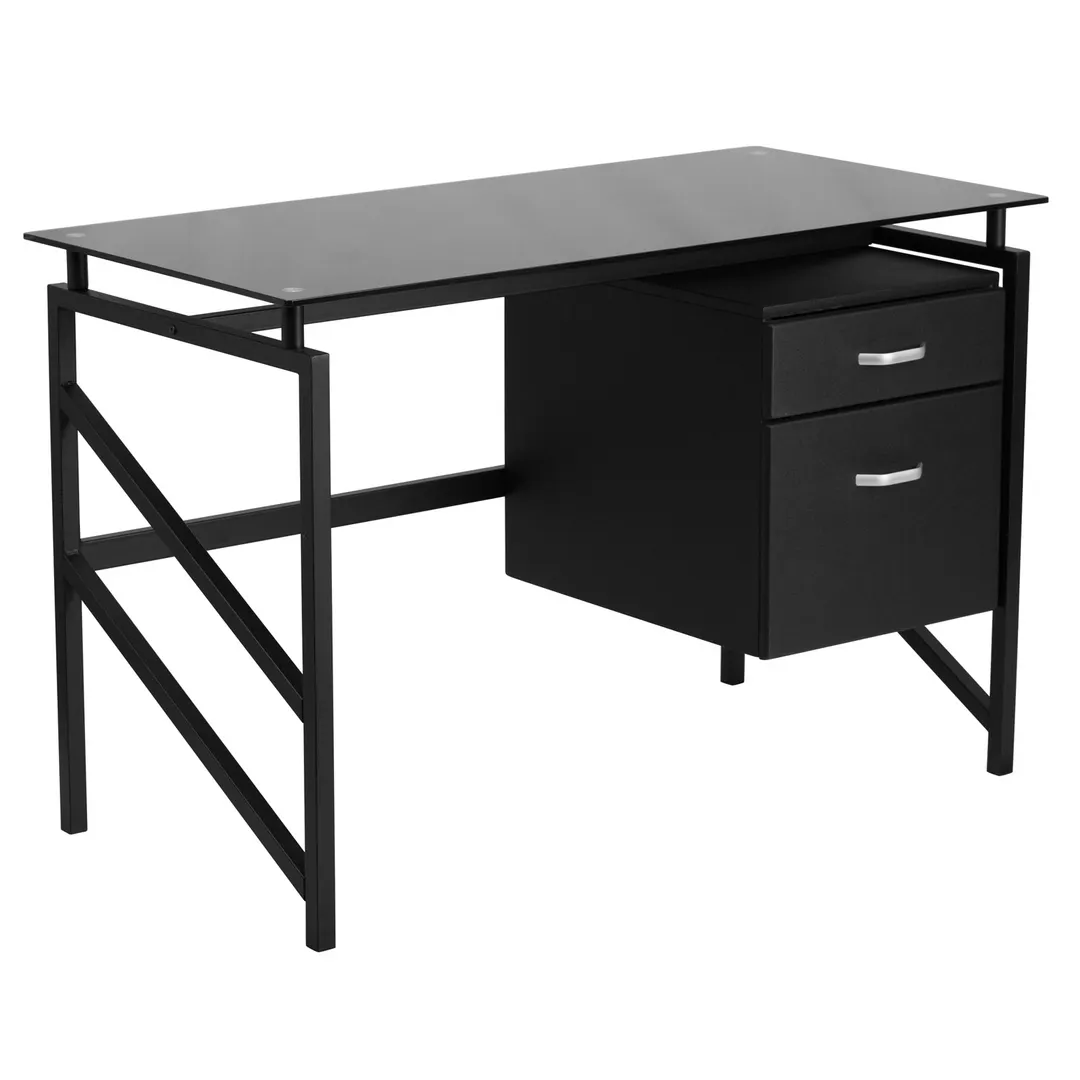 Flash Furniture NAN-WK-036-GG Computer Desk, 46"W x 22.5"D x 30"H, Tempered Glass Top, Black Powder Coated Metal Frame