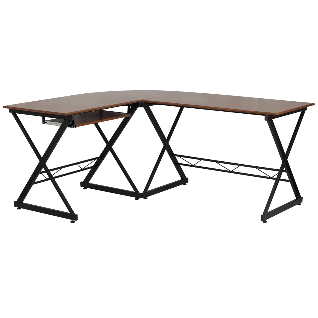 Flash Furniture NAN-WK-109-GG L-Shape Computer Desk, 87W x 50D, Teakwood Laminate, Black Metal Frame, Sliding Keyboard Tray