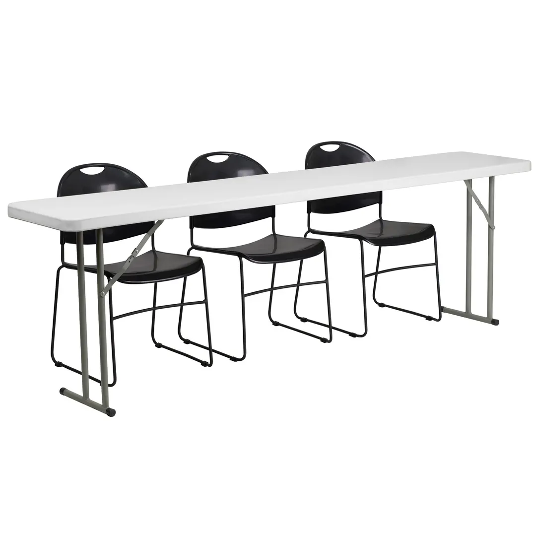Flash Furniture RB-1896-1-GG 96" Rectangular Folding Training Table & 2 Chairs Set, Granite White Top, Gray & Black Frame
