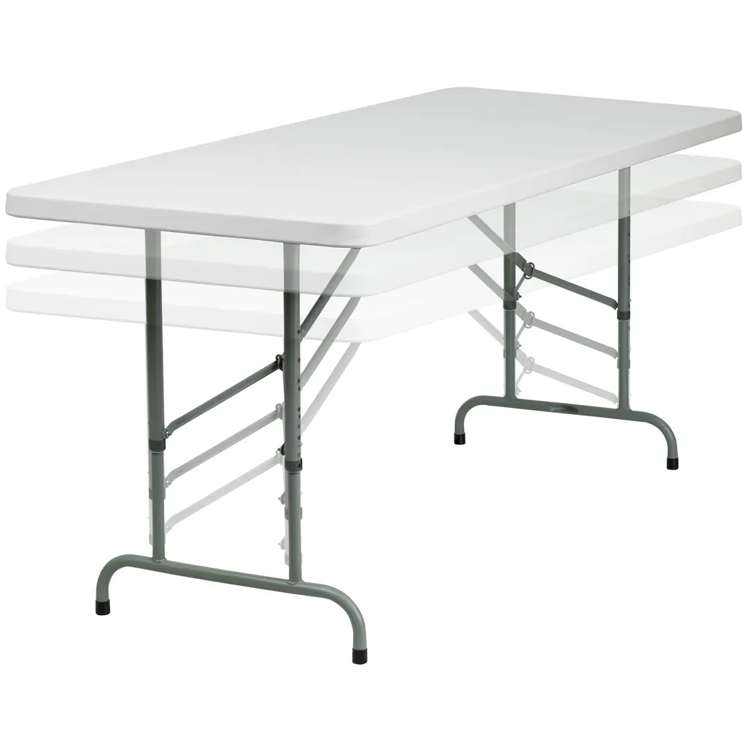 Flash Furniture RB-3072ADJ-GG Folding Table, 72"W x 30"D, Adjustable Height 24-1/8" to 32", Granite White Plastic Top, Gray Powder Coated Metal Legs, 330 lbs