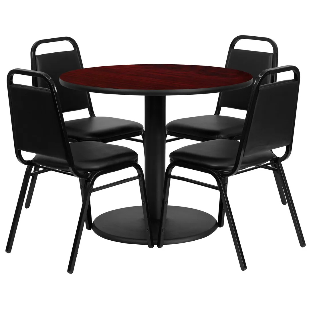 Flash Furniture RSRB1002-GG 36" Round Table & 4 Banquet Chairs Set, 500 lbs, Mahogany Finish, Black Powder Coated Frame