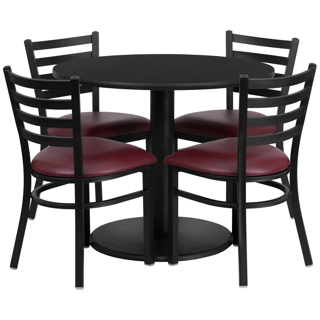 Flash Furniture RSRB1005-GG 36" Round Table & 4 Chair Set, Black Laminate, Burgundy Vinyl, Cast Iron & Steel