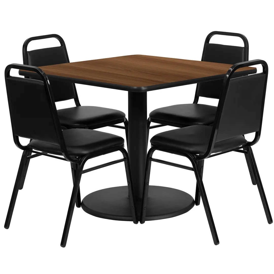 Flash Furniture RSRB1012-GG 36x36 Square Table & 4 Banquet Chairs Set, 500 lb, Walnut Finish, Black Vinyl