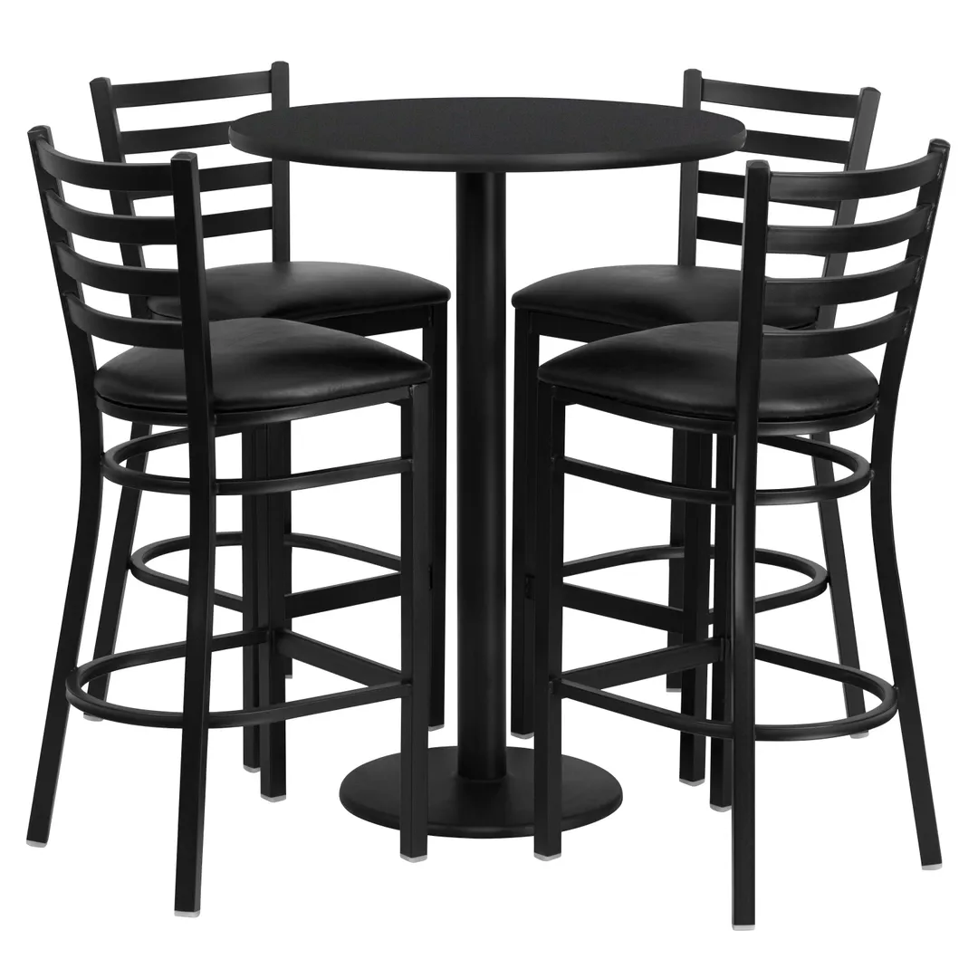 Flash Furniture RSRB1021-GG 30" Round Table & 4 Bar Stool Set, Black Laminate, Metal Ladder Back, Vinyl Upholstered