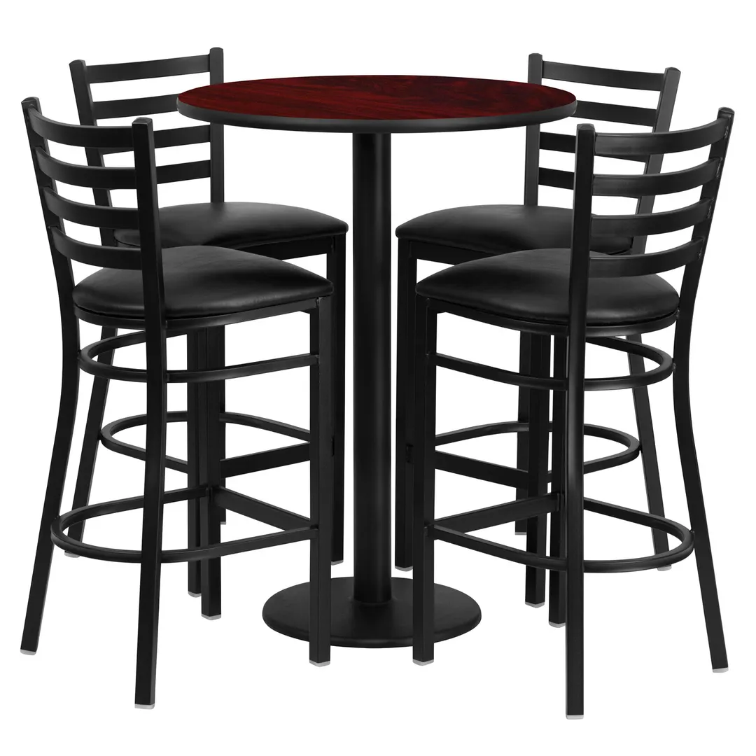 Flash Furniture RSRB1022-GG 30" Round Table & 4 Bar Stool Set, Mahogany Finish, Black Vinyl