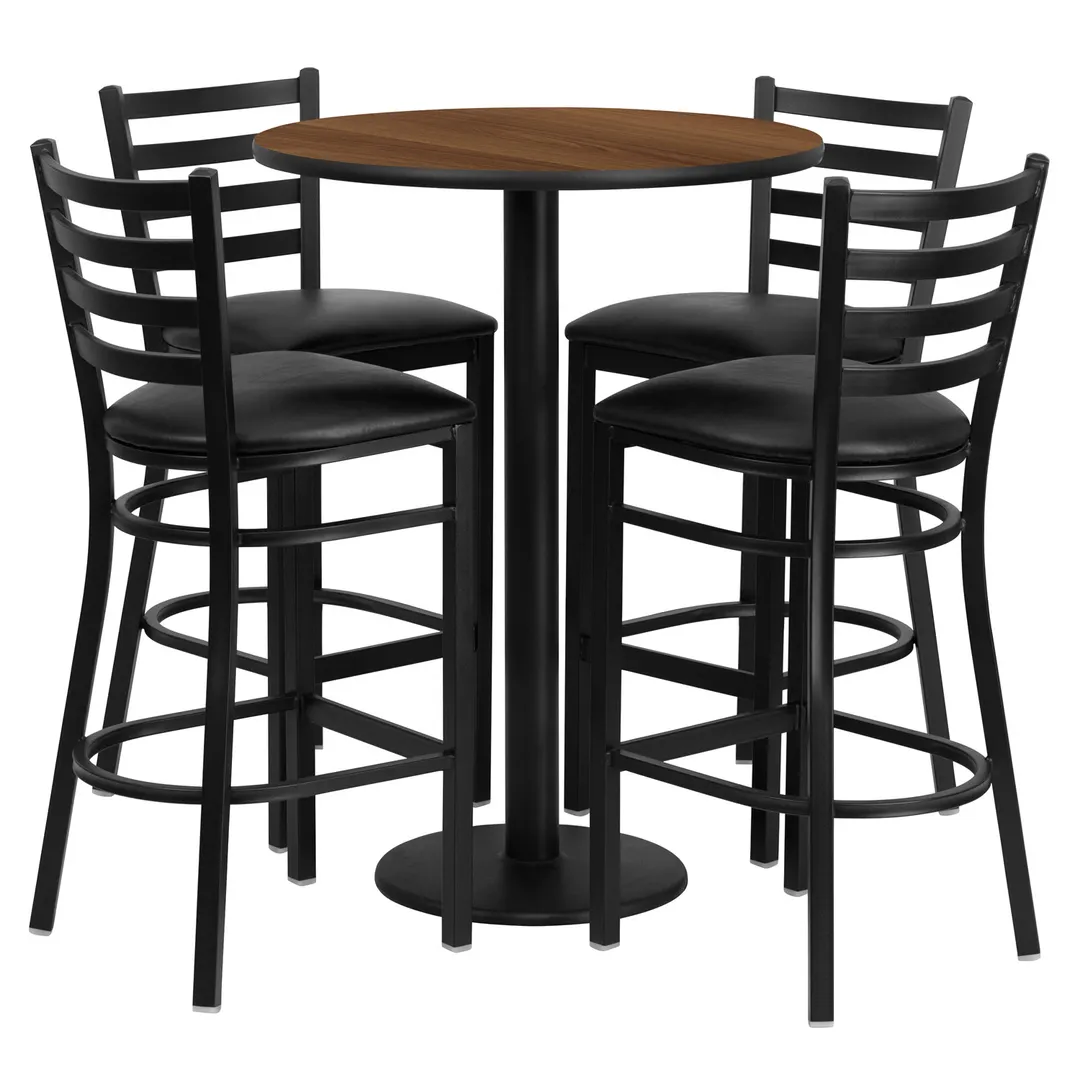 Flash Furniture RSRB1024-GG 30in Round Table & 4 Bar Stool Set, Walnut Finish, Black Vinyl