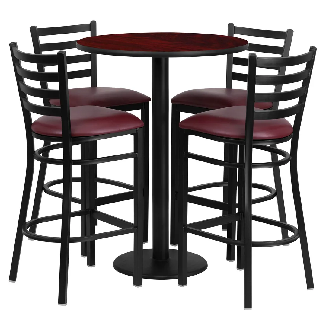 Flash Furniture RSRB1026-GG 30" Round Table & 4 Bar Stool Set, Mahogany Finish, Burgundy Vinyl