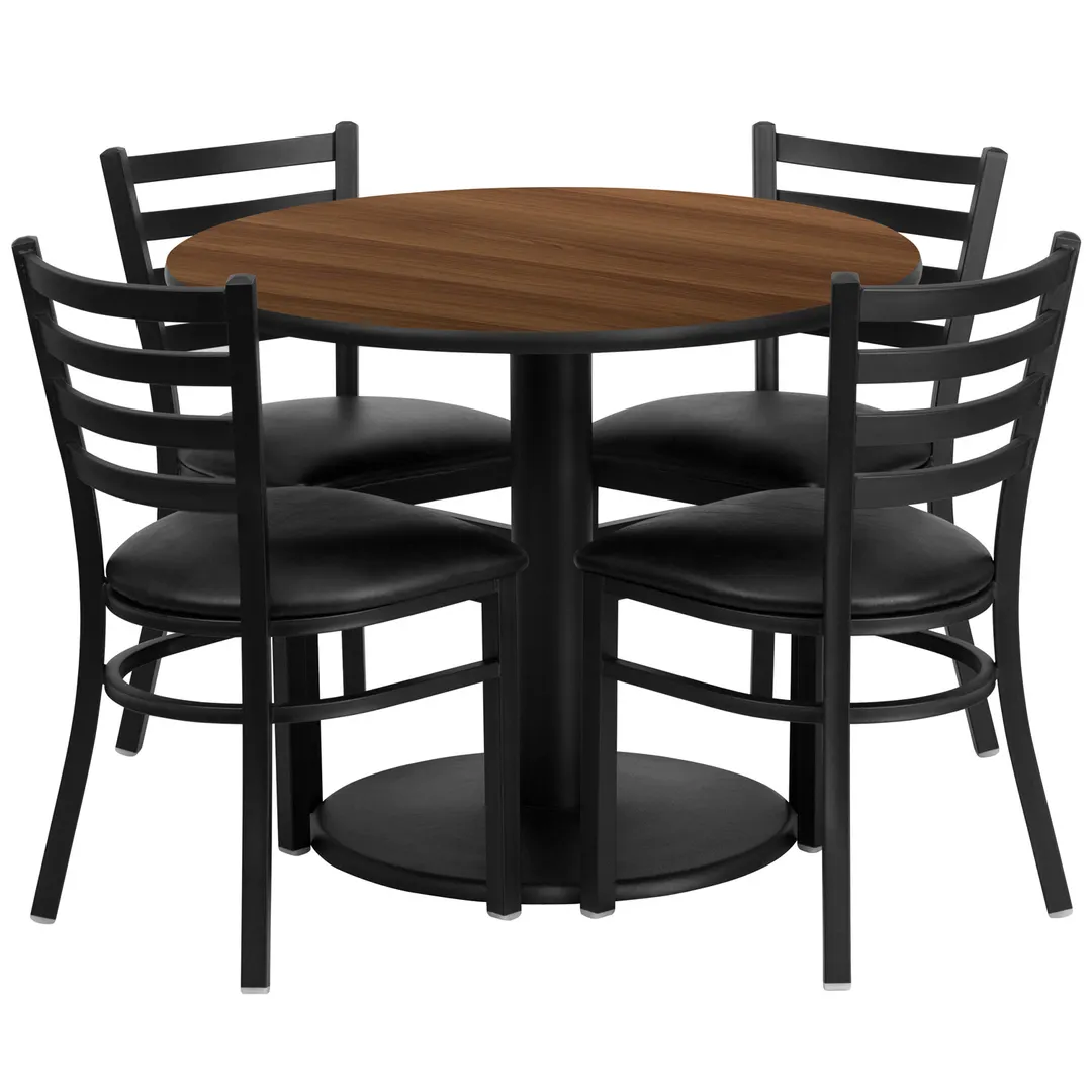 Flash Furniture RSRB1032-GG 36" Round Table & 4 Chair Set, Black Vinyl, Walnut Finish, 30"H
