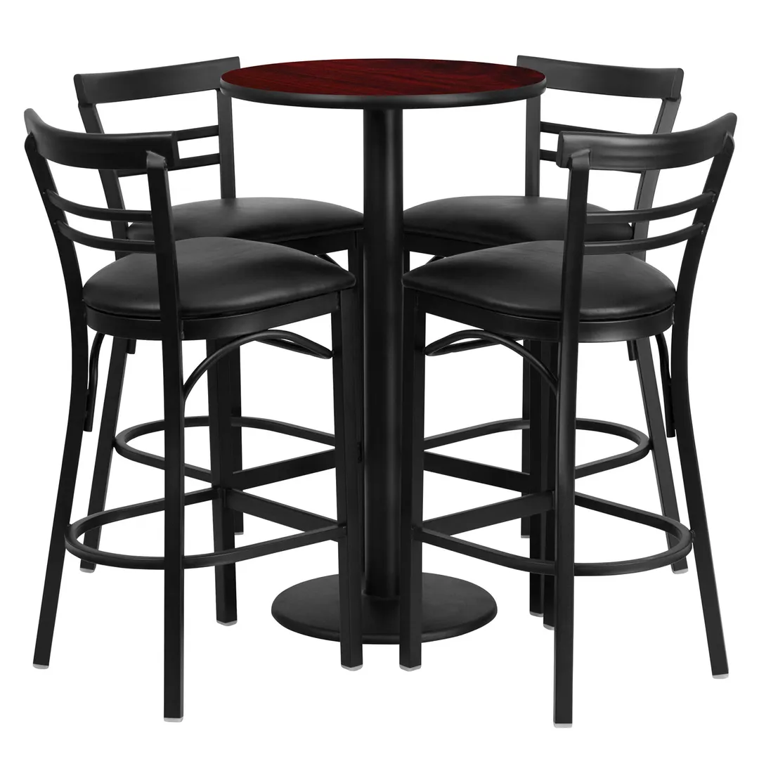 Flash Furniture RSRB1034-GG 24" Round Table & 4 Bar Stool Set, Mahogany Finish, Black Vinyl