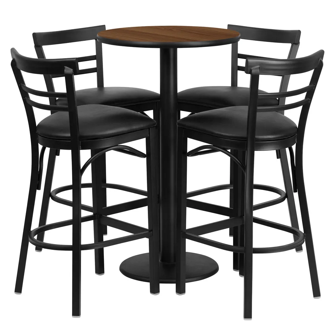 Flash Furniture RSRB1036-GG 24" Round Table & 4 Bar Stool Set, Walnut Finish, Black Vinyl