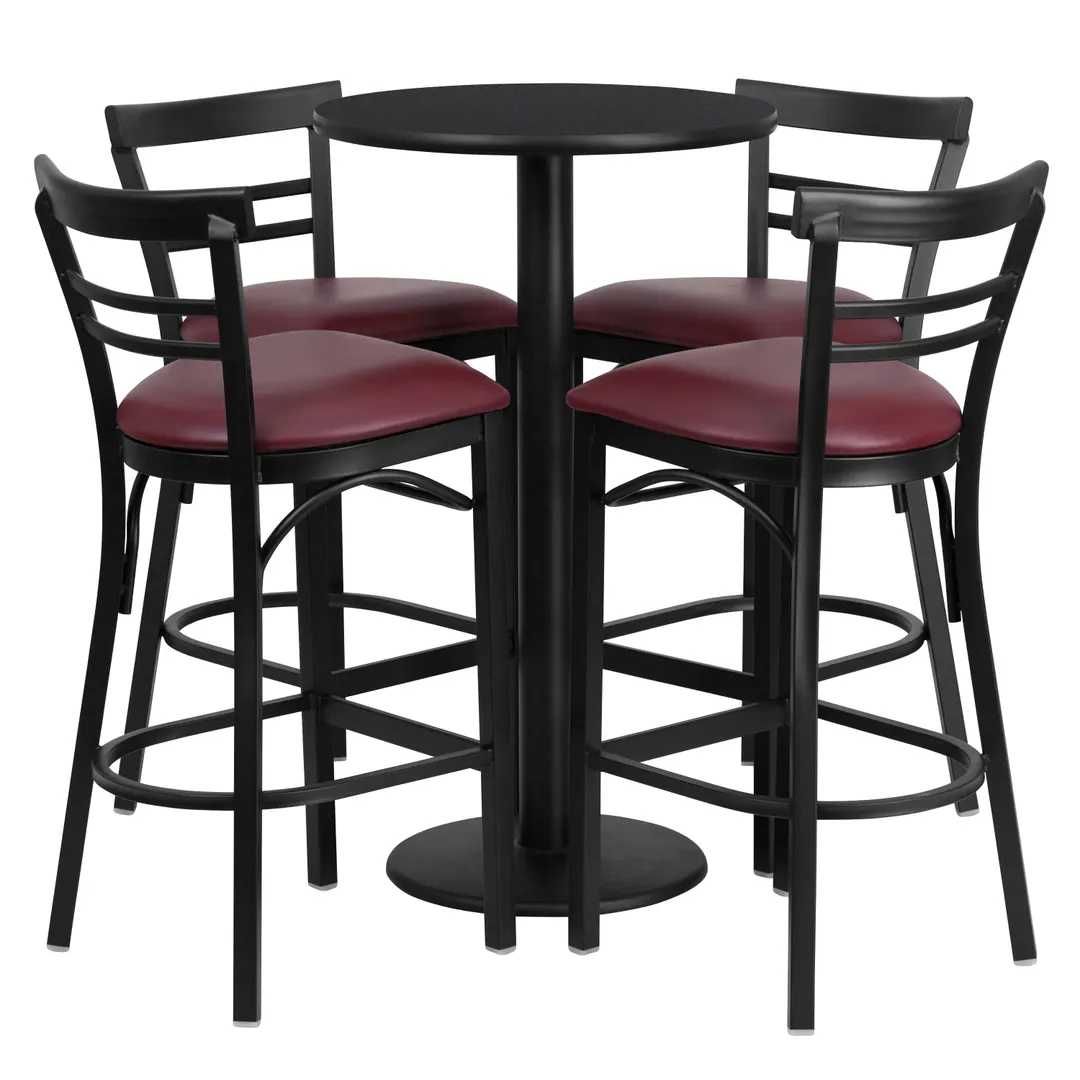 Flash Furniture RSRB1037-GG 24" Round Table & 4 Bar Stool Set, Black Laminate, Burgundy Vinyl, Cast Iron Base