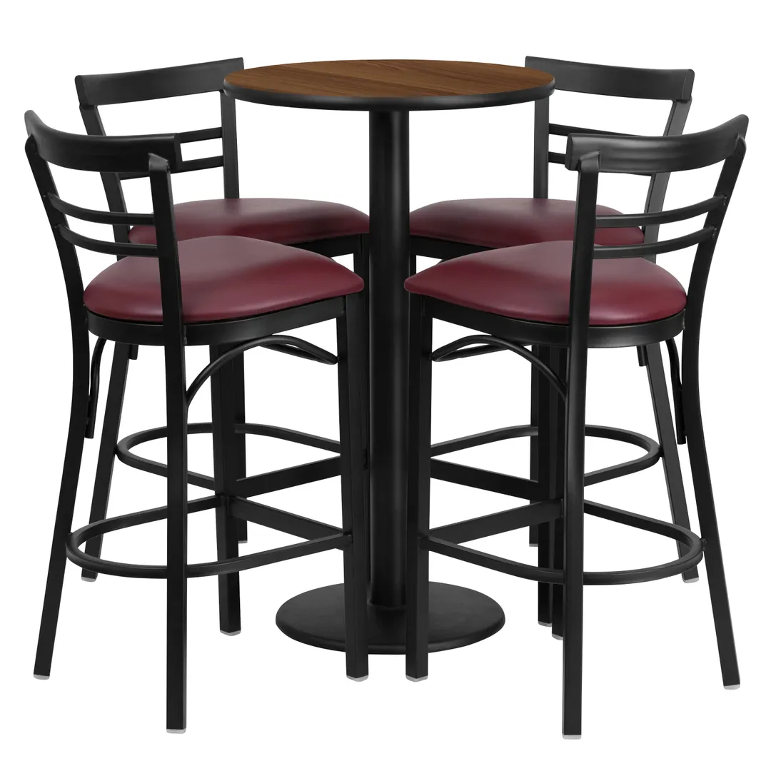 Flash Furniture RSRB1040-GG 24" Round Table & 4 Bar Stool Set, Walnut Finish, Burgundy Vinyl