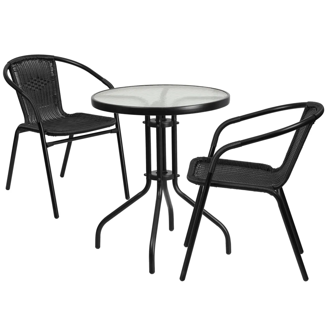 Flash Furniture TLH-071RD-037BK2-GG Outdoor Table & Chair Set, 23.75" Round Glass Top, Black Rattan Stacking Chairs