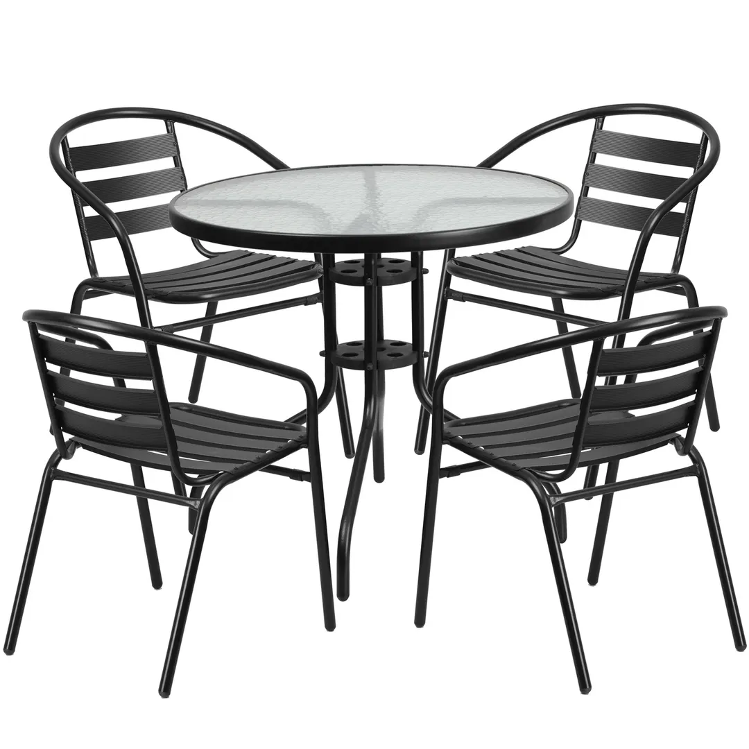 Flash Furniture TLH-072RD-017CBK4-GG 31 Round Table Set with 4 Stacking Cafe Chairs, Black Powder Coated Frame, 28 Height