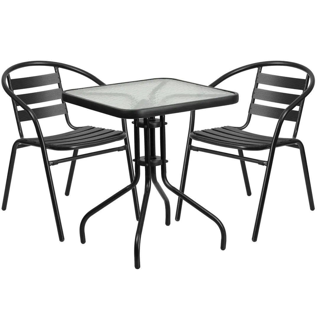 Flash Furniture TLH-0731SQ-017CBK2-GG 23" Square Table & 2 Stacking Armchairs, Black Powder Coated Metal, 28"H