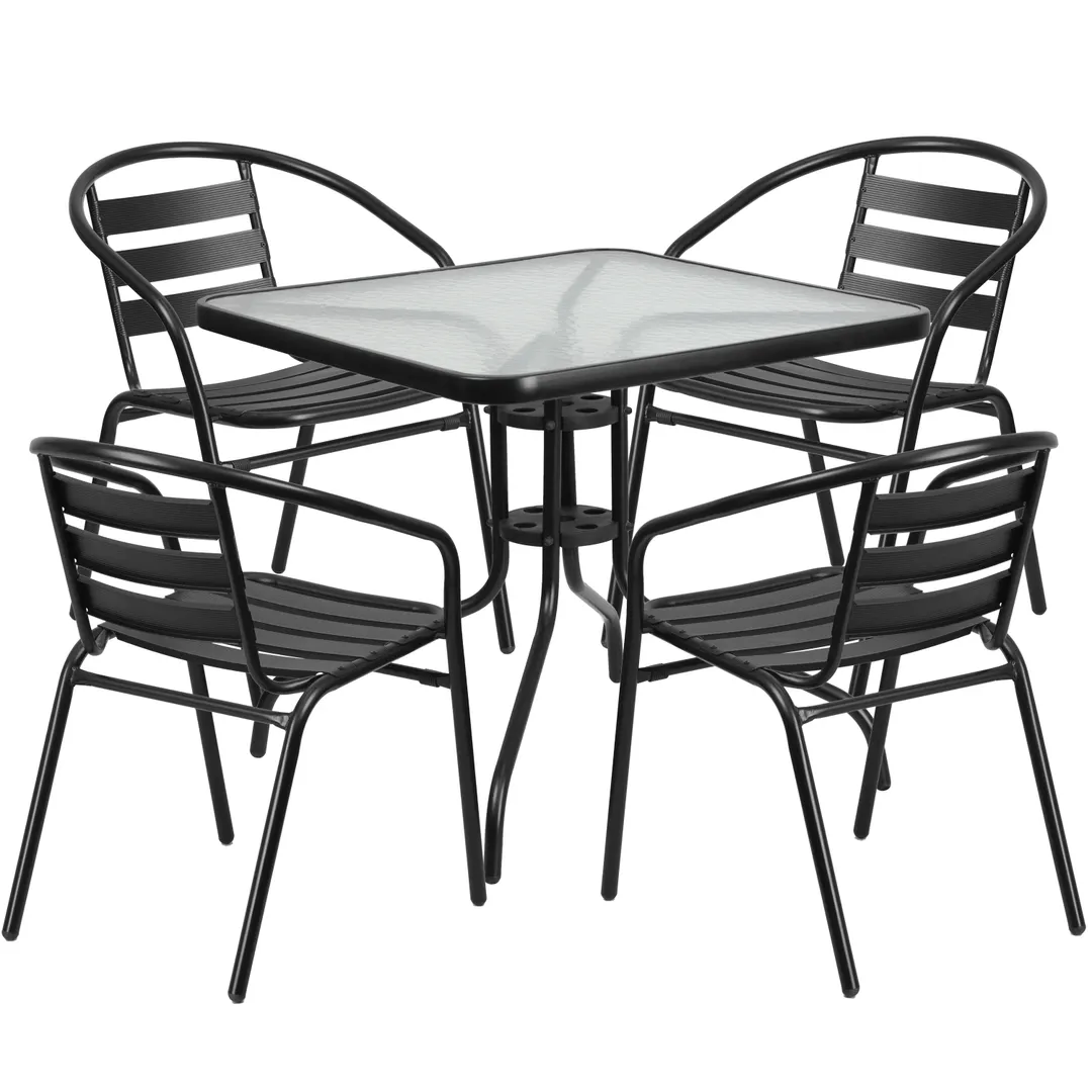 Flash Furniture TLH-0732SQ-017CBK4-GG Outdoor Restaurant Table Set, 31.5Wx31.5D, Black Powder Coated Frame, Glass Top, 4 Stacking Cafe Chairs