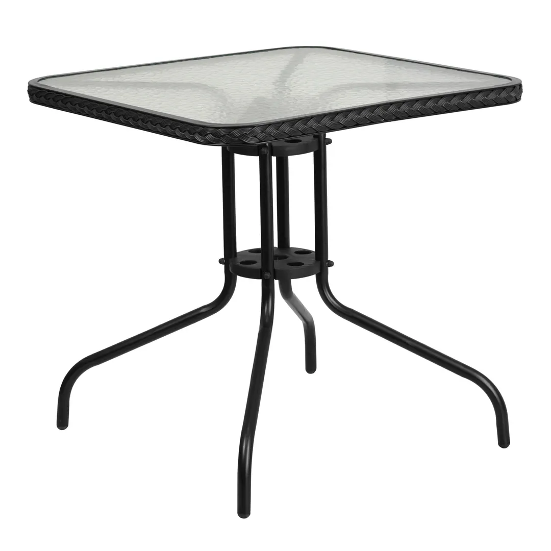 Flash Furniture TLH-073R-BK-GG Square Patio Table, 28x28x28, Glass Top, Black Rattan Edge, Metal Base