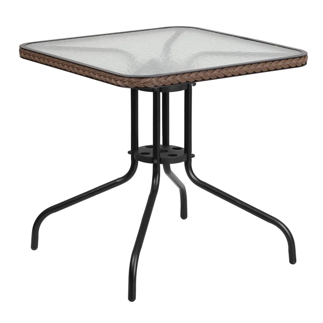 Flash Furniture TLH-073R-DK-BN-GG 28x28 Square Outdoor Patio Table, 5mm Glass Top, Dark Brown Rattan Edge, Metal Base