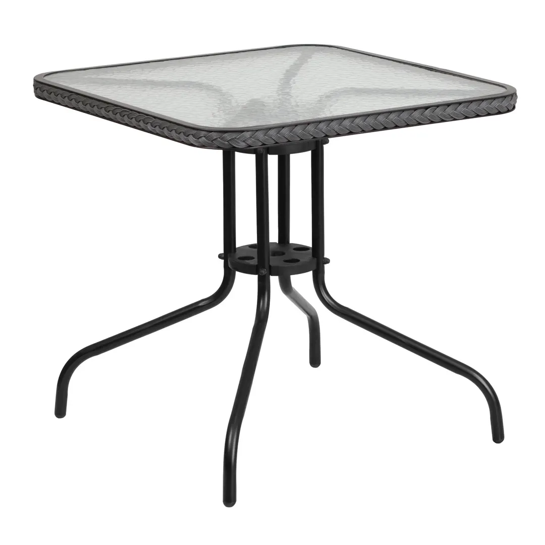 Flash Furniture TLH-073R-GY-GG 28x28 Square Patio Table, 5mm Glass Top, Dark Gray Rattan Edge, Metal Base