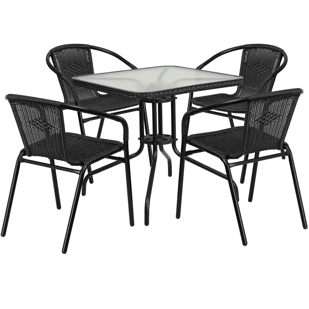 Flash Furniture TLH-073SQ-037BK4-GG 28" Square Table & 4 Chair Set, Black Rattan, Powder Coated Metal