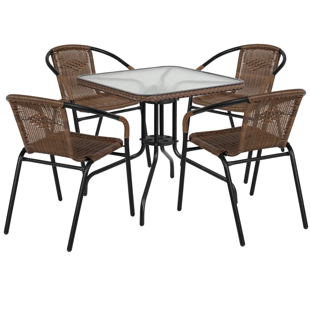 Flash Furniture TLH-073SQ-037BN4-GG Outdoor Restaurant Table & Chair Set, Square 28x28, Dark Brown Rattan, Black Metal Frame