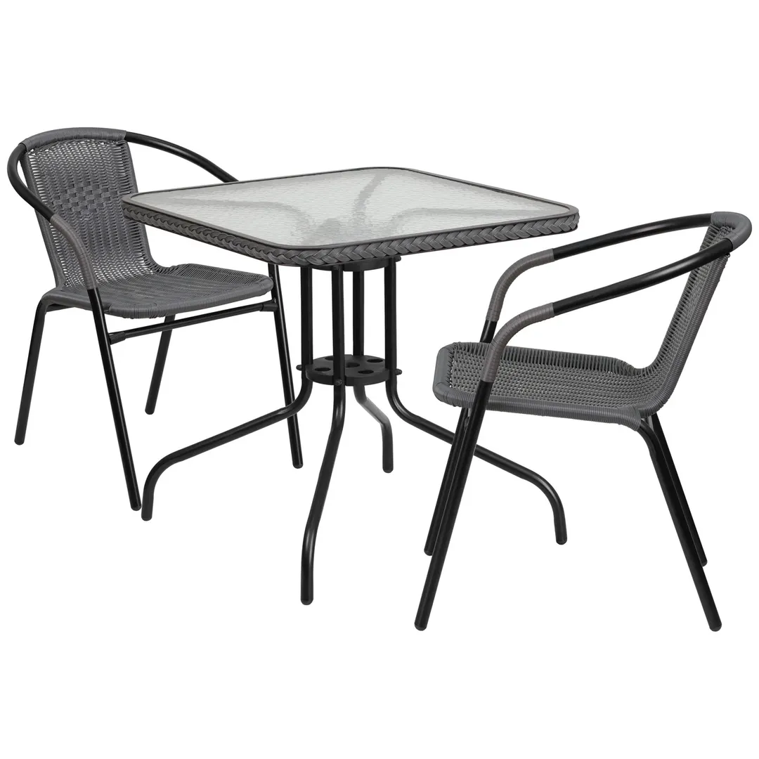 Flash Furniture TLH-073SQ-037GY2-GG 28" Square Table & 2 Chair Set, Gray Rattan, Black Metal Frame