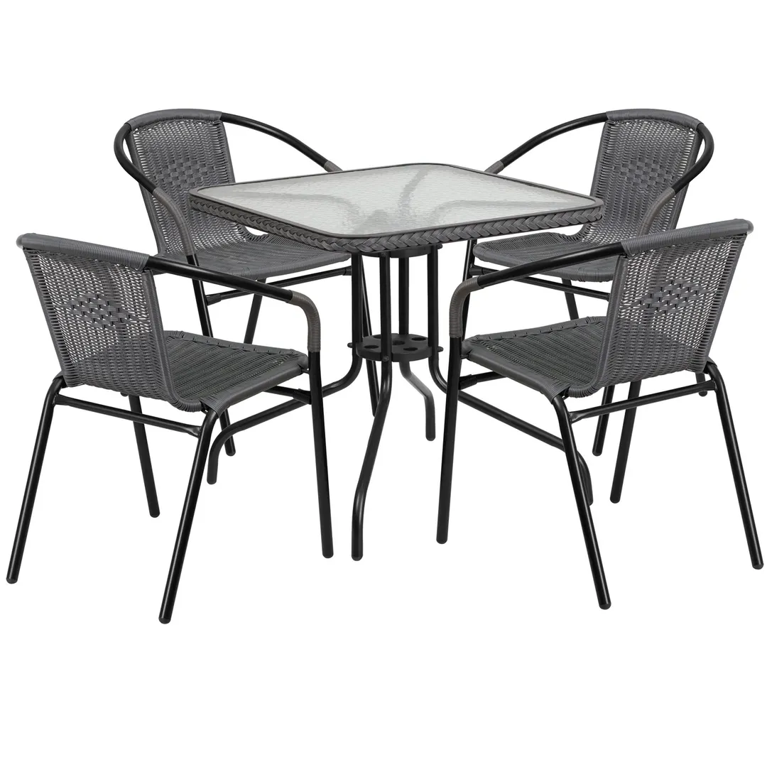 Flash Furniture TLH-073SQ-037GY4-GG 28" Square Table & 4 Chair Set, Gray Rattan, Black Powder Coated