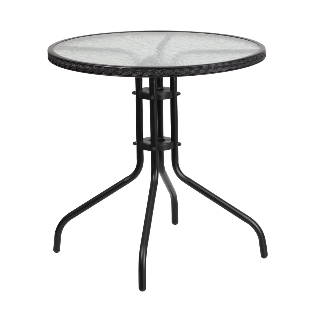 Flash Furniture TLH-087-BK-GG Round Outdoor Patio Table, 28" dia., Black Rattan Edge, Glass Top, Black Metal Base