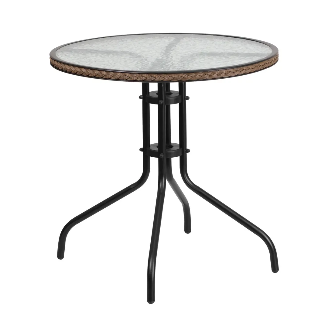 Flash Furniture TLH-087-DK-BN-GG 28in Round Outdoor Patio Table, Glass Top, Dark Brown Rattan Edge, Black Metal Base