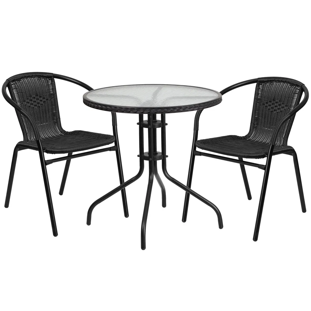Flash Furniture TLH-087RD-037BK2-GG Round Table & Chair Set, 28" Dia, Black Rattan, 2 Chairs, Outdoor