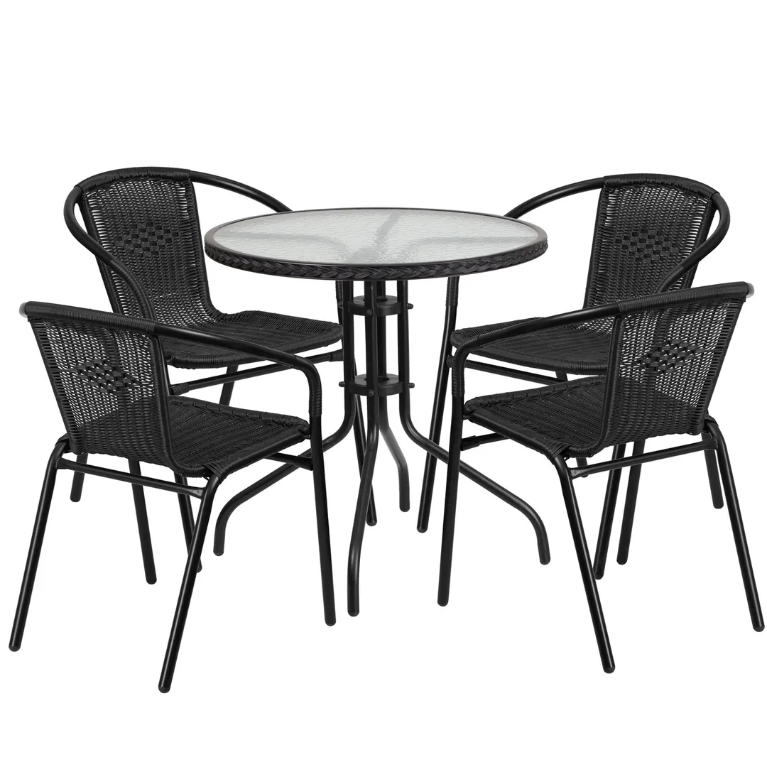 Flash Furniture TLH-087RD-037BK4-GG 28" Round Table & 4 Chair Set, Black Rattan, Powder Coat Metal