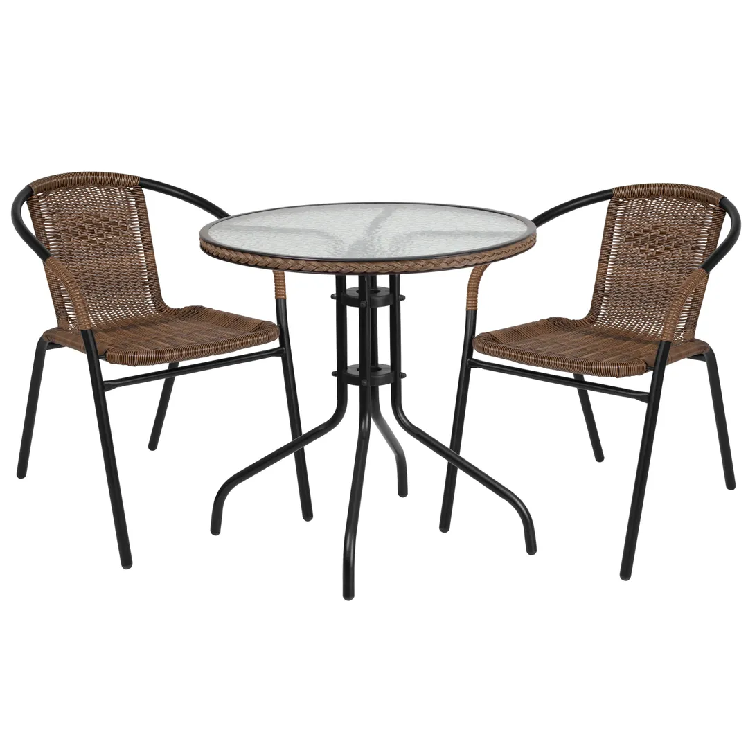 Flash Furniture TLH-087RD-037BN2-GG Outdoor Table & Chair Set, Round 28" Glass Top, Dark Brown Rattan, Black Metal Frame