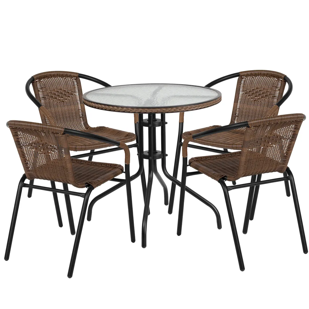 Flash Furniture TLH-087RD-037BN4-GG Outdoor Table & Chair Set, Round 28" Glass Top, Dark Brown Rattan, Black Metal Frame
