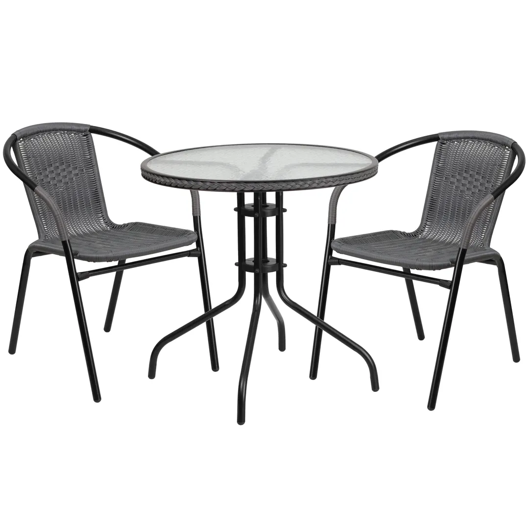 Flash Furniture TLH-087RD-037GY2-GG Outdoor Table & Chair Set, 28" Round Glass Top, Gray Rattan, Black Metal Frame