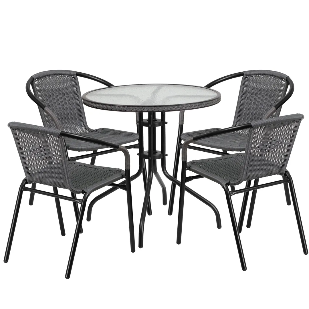 Flash Furniture TLH-087RD-037GY4-GG 28" Round Table & 4 Chair Set, Gray Rattan, Black Metal Frame