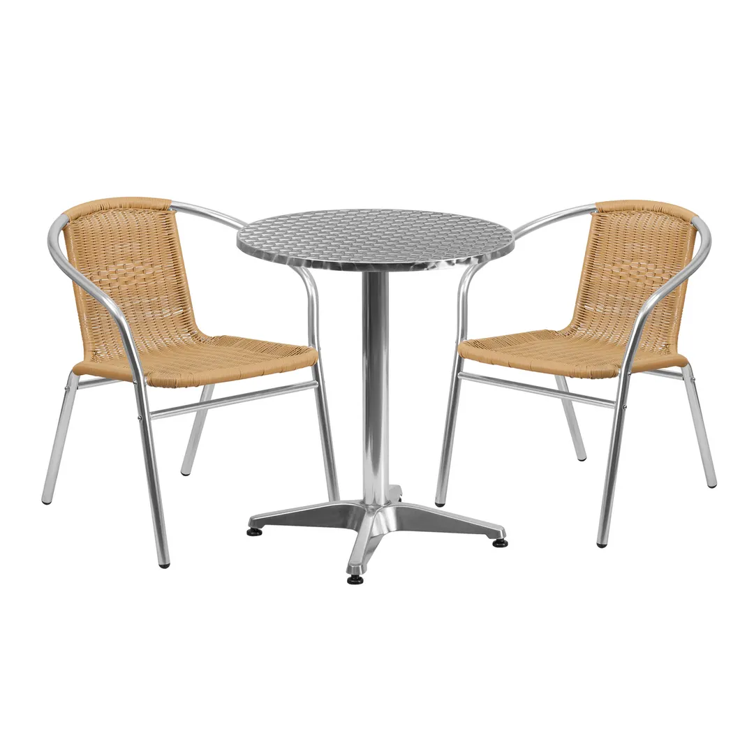 Flash Furniture TLH-ALUM-24RD-020BGECHR2-GG 23" Round Table & 2 Stacking Chairs Set, Aluminum Frame, Beige Rattan