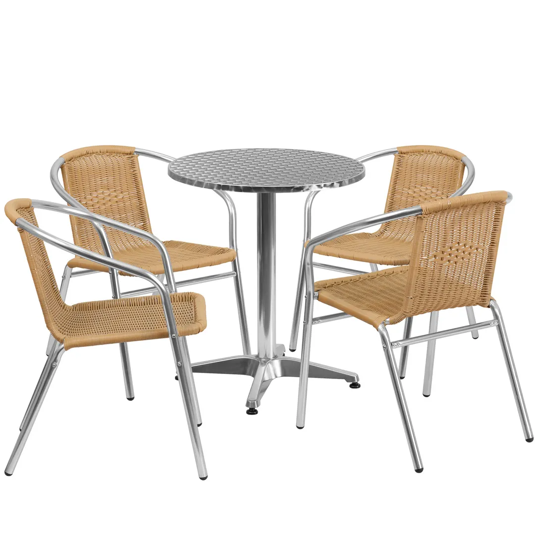 Flash Furniture TLH-ALUM-24RD-020BGECHR4-GG 23in Round Table Set with 4 Beige Rattan Stacking Chairs