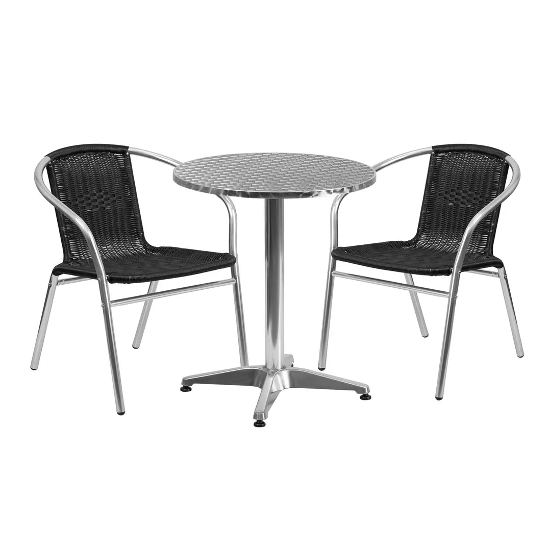 Flash Furniture TLH-ALUM-24RD-020BKCHR2-GG 23" Round Table & 2 Stacking Chairs Set, Aluminum Frame, Black Rattan, 27"H