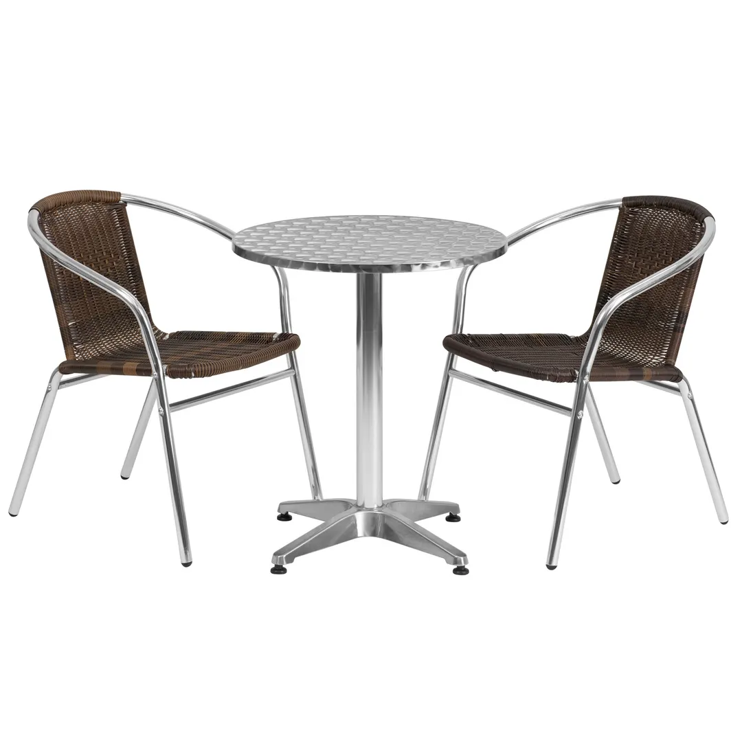 Flash Furniture TLH-ALUM-24RD-020CHR2-GG 23" Round Table & 2 Stacking Chairs Set, Aluminum Frame, Dark Brown Rattan, 27"H