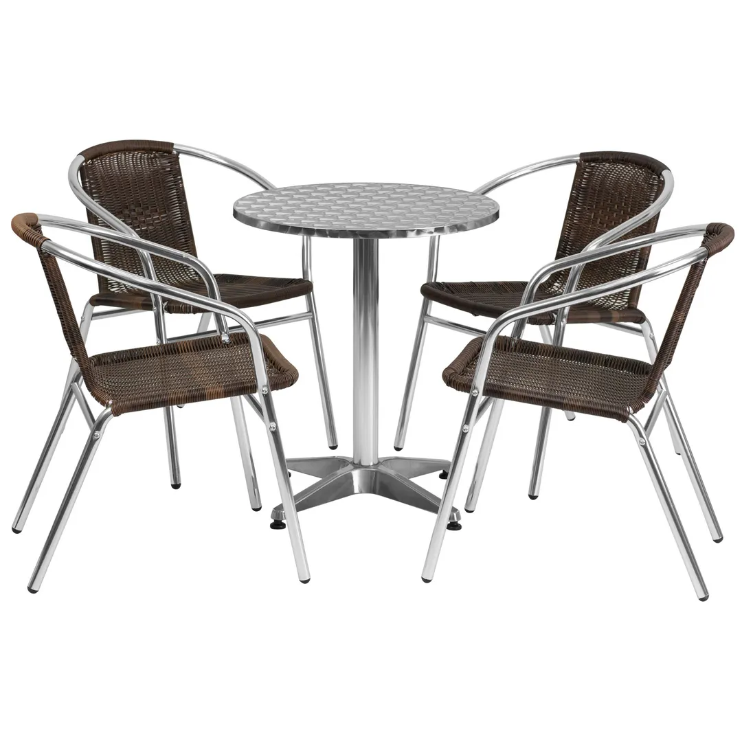 Flash Furniture TLH-ALUM-24RD-020CHR4-GG 23" Round Table & 4 Chair Set, Aluminum Frame, Dark Brown Rattan, 27"H