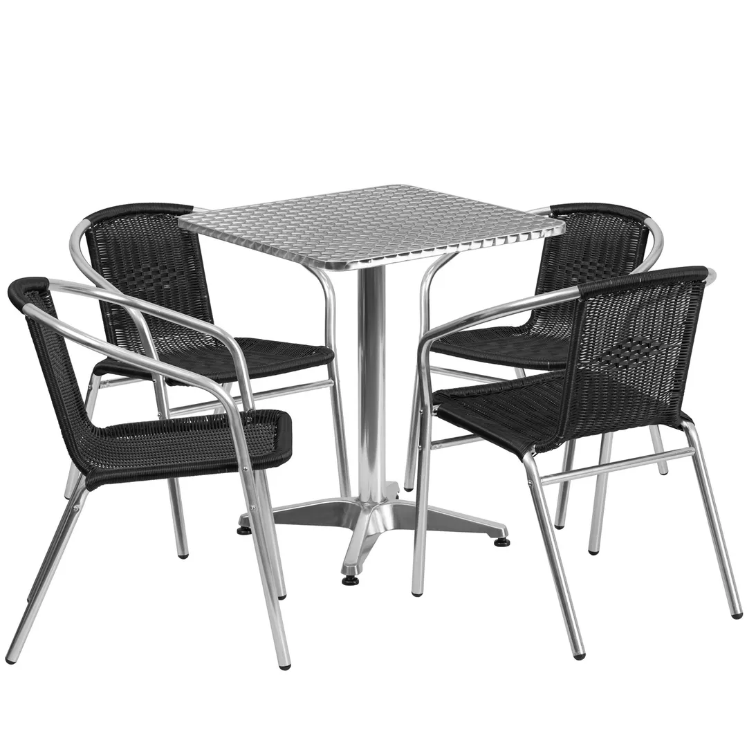 Flash Furniture TLH-ALUM-24SQ-020BKCHR4-GG 23" Square Table & 4 Stacking Chairs Set, Aluminum Frame, Black Rattan