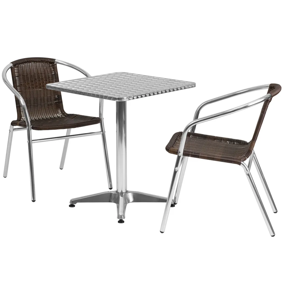 Flash Furniture TLH-ALUM-24SQ-020CHR2-GG 23" Square Table & 2 Stacking Chairs Set, Aluminum Frame, Dark Brown Rattan, 27"H