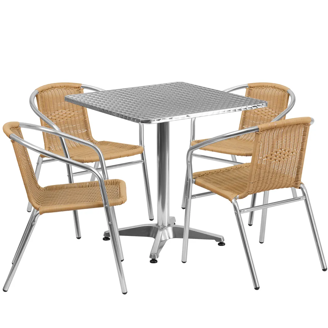 Flash Furniture TLH-ALUM-28SQ-020BGECHR4-GG 27" Square Table & 4 Chair Set, Aluminum Frame, Beige Rattan