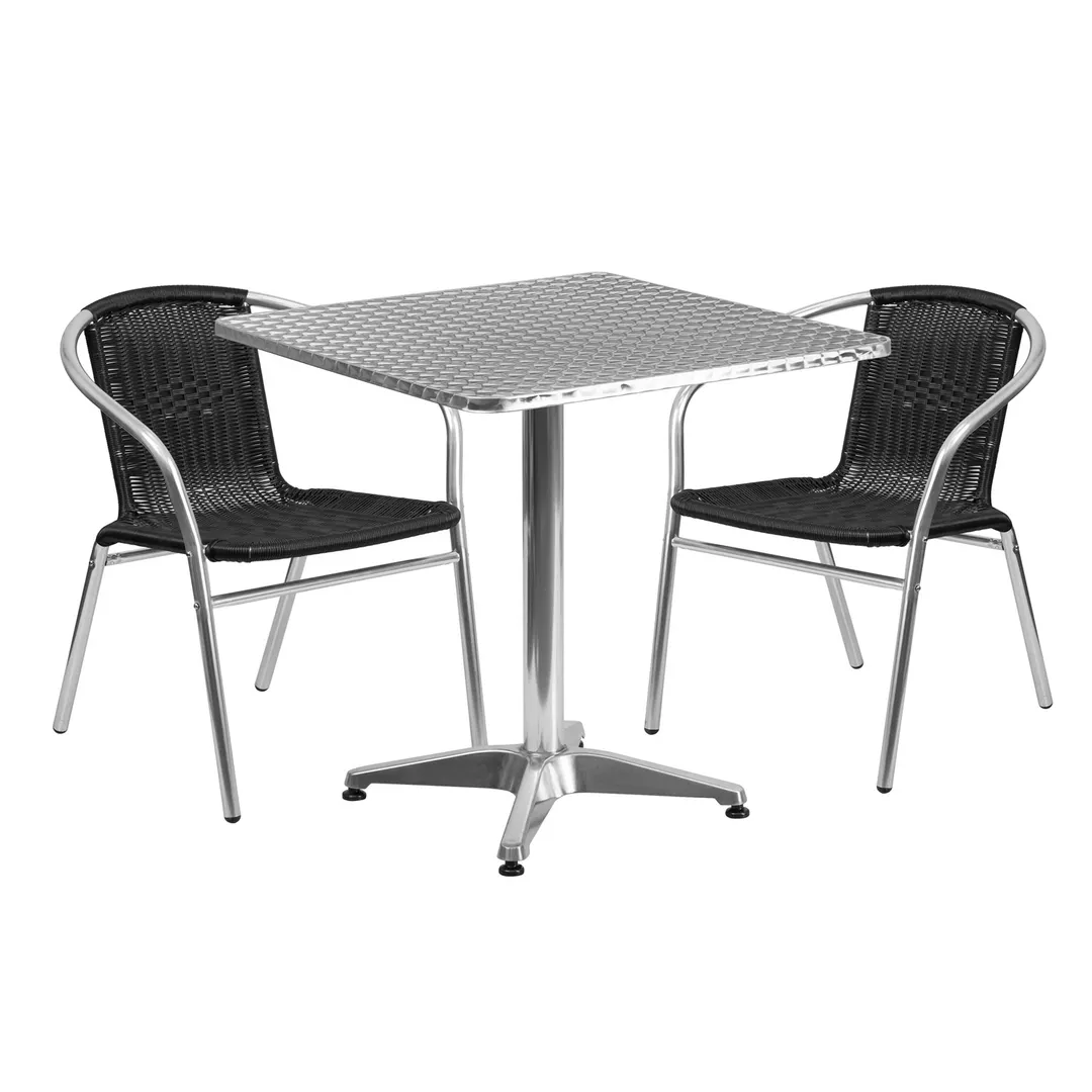 Flash Furniture TLH-ALUM-28SQ-020BKCHR2-GG 27" Square Table & 2 Stacking Chairs Set, Aluminum Frame, Black Rattan