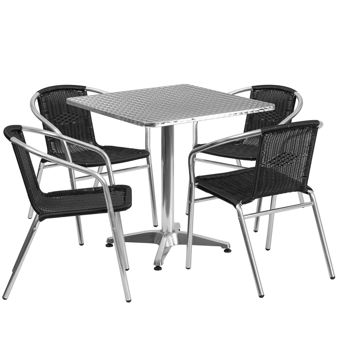 Flash Furniture TLH-ALUM-28SQ-020BKCHR4-GG 27" Square Table & 4 Chair Set, Aluminum, Black Rattan