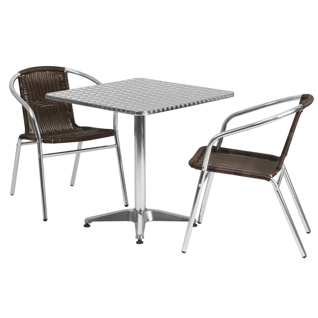 Flash Furniture TLH-ALUM-28SQ-020CHR2-GG 27" Square Table & 2 Stacking Chairs Set, Aluminum Frame, Dark Brown Rattan