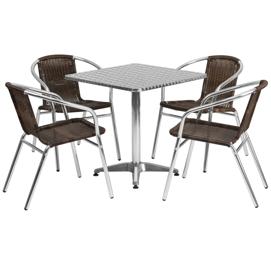 Flash Furniture TLH-ALUM-28SQ-020CHR4-GG 27.5 Square Table & 4 Stacking Chairs Set, Aluminum Frame, Dark Brown Rattan